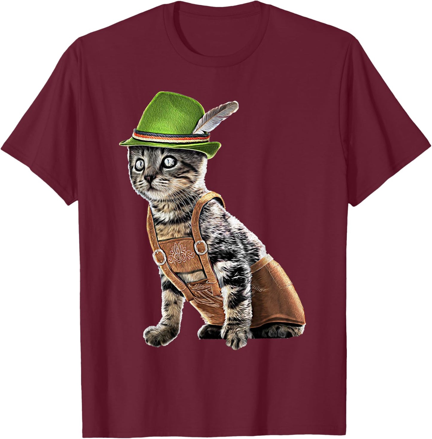 Oktoberfest Cat Bavarian Lederhosen Costume Alpine Hat Gift T-Shirt - T-Shirt | Maroon
