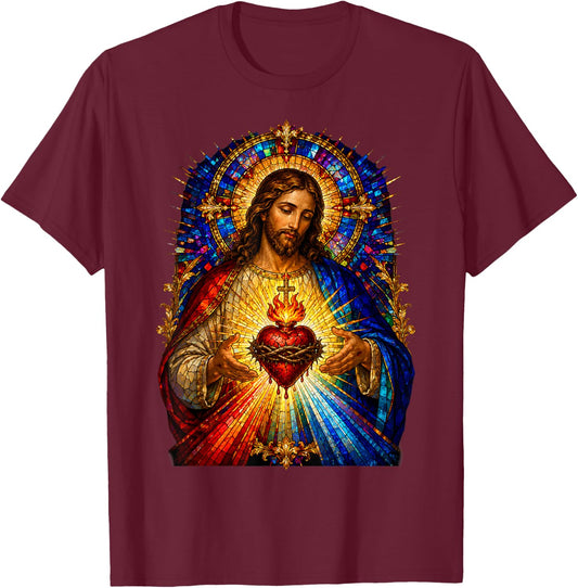 Heart of Jesus Sacred Gothic Cathedral Mosaic Icon Art Faith T-Shirt - T-Shirt | Maroon