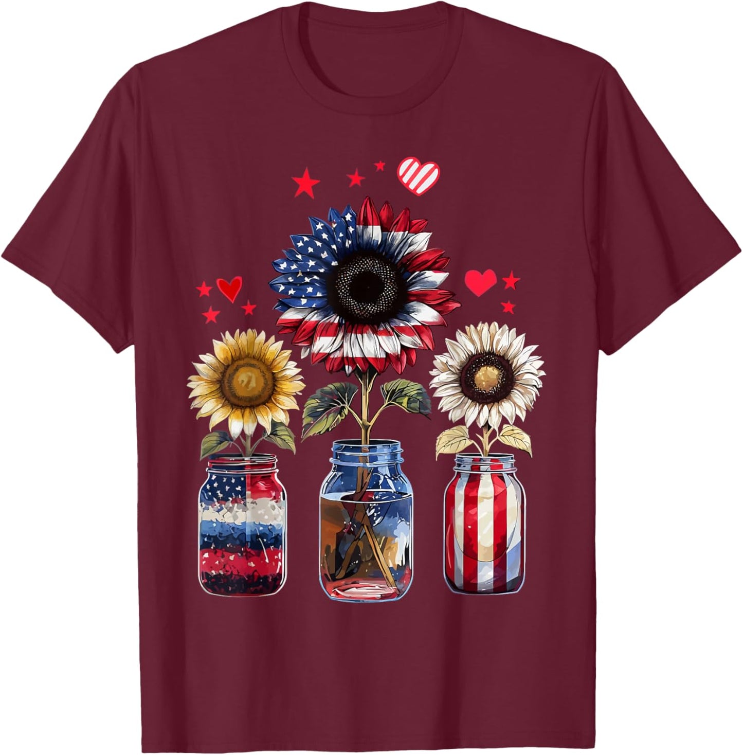 American Patriotic USA Flag Jars With Sunflower 4th Of July T-Shirt - T-Shirt | Maroon