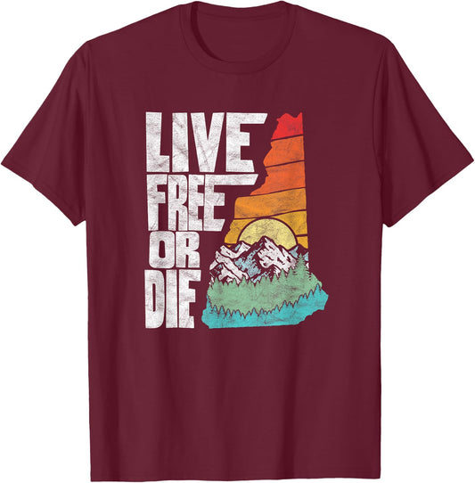 Live Free or Die Retro New Hampshire Nature Graphic T-Shirt - T-Shirt | Maroon