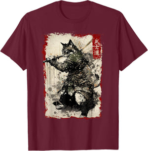 Samurai Cat Warrior Vintage Japanese Art Anime T-Shirt - T-Shirt | Maroon
