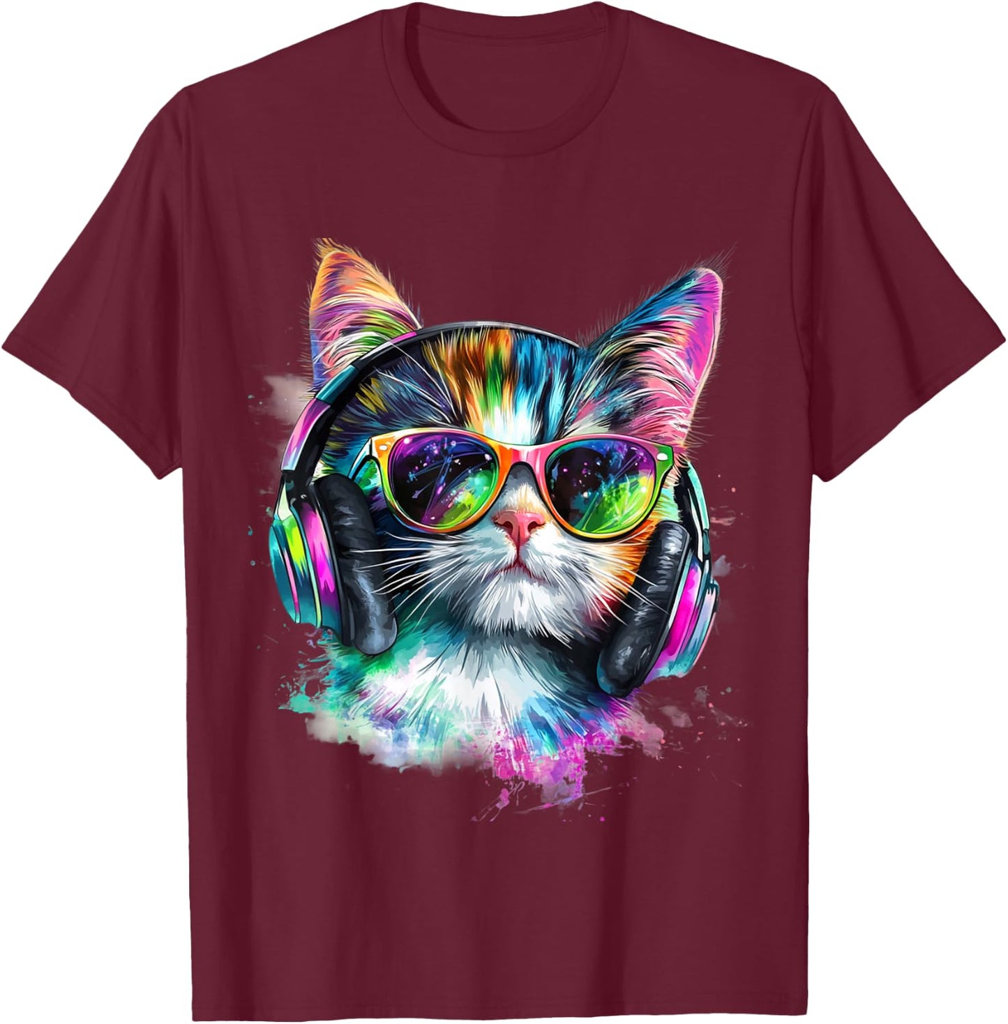 Cool Rainbow Cat Men Women Music Lover Design DJ Cat Lovers T-Shirt - T-Shirt | Maroon