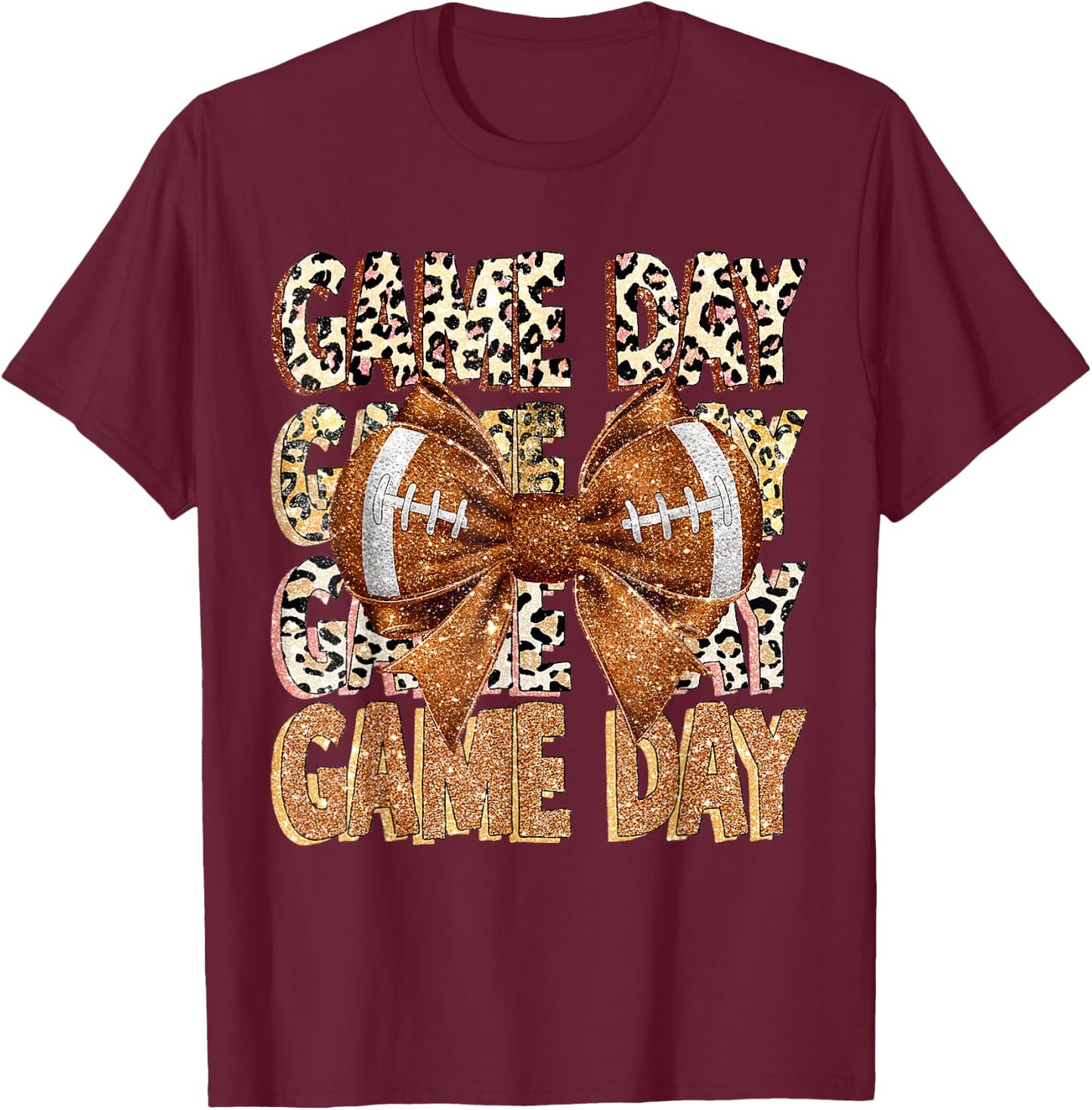 Game Day Football Bling bling Coquette Bow leopard trendy T-Shirt - T-Shirt | Maroon