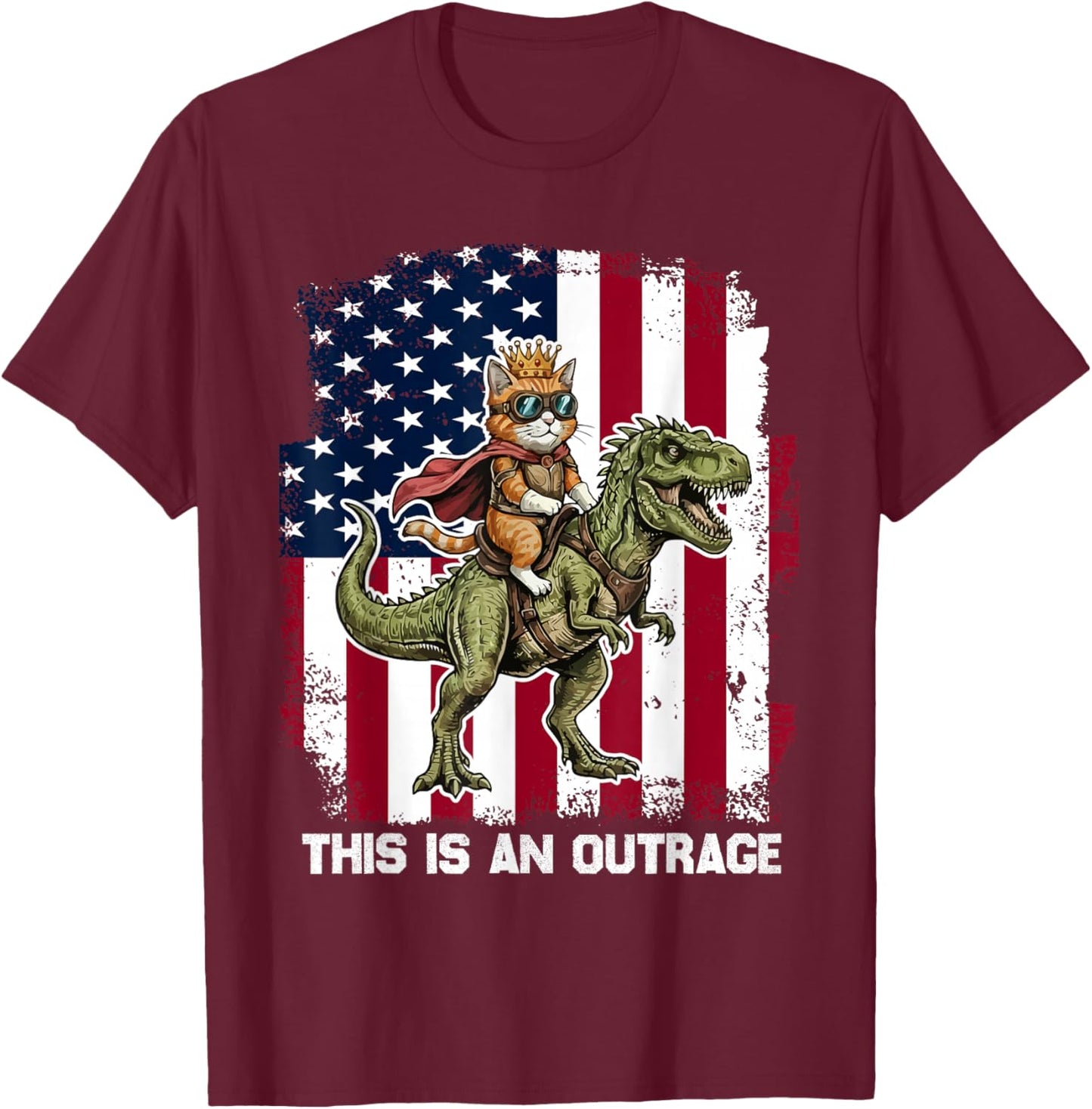This is an Outrage Funny Cat Riding Dinosaur 4th of July T-Shirt - T-Shirt | Maroon
