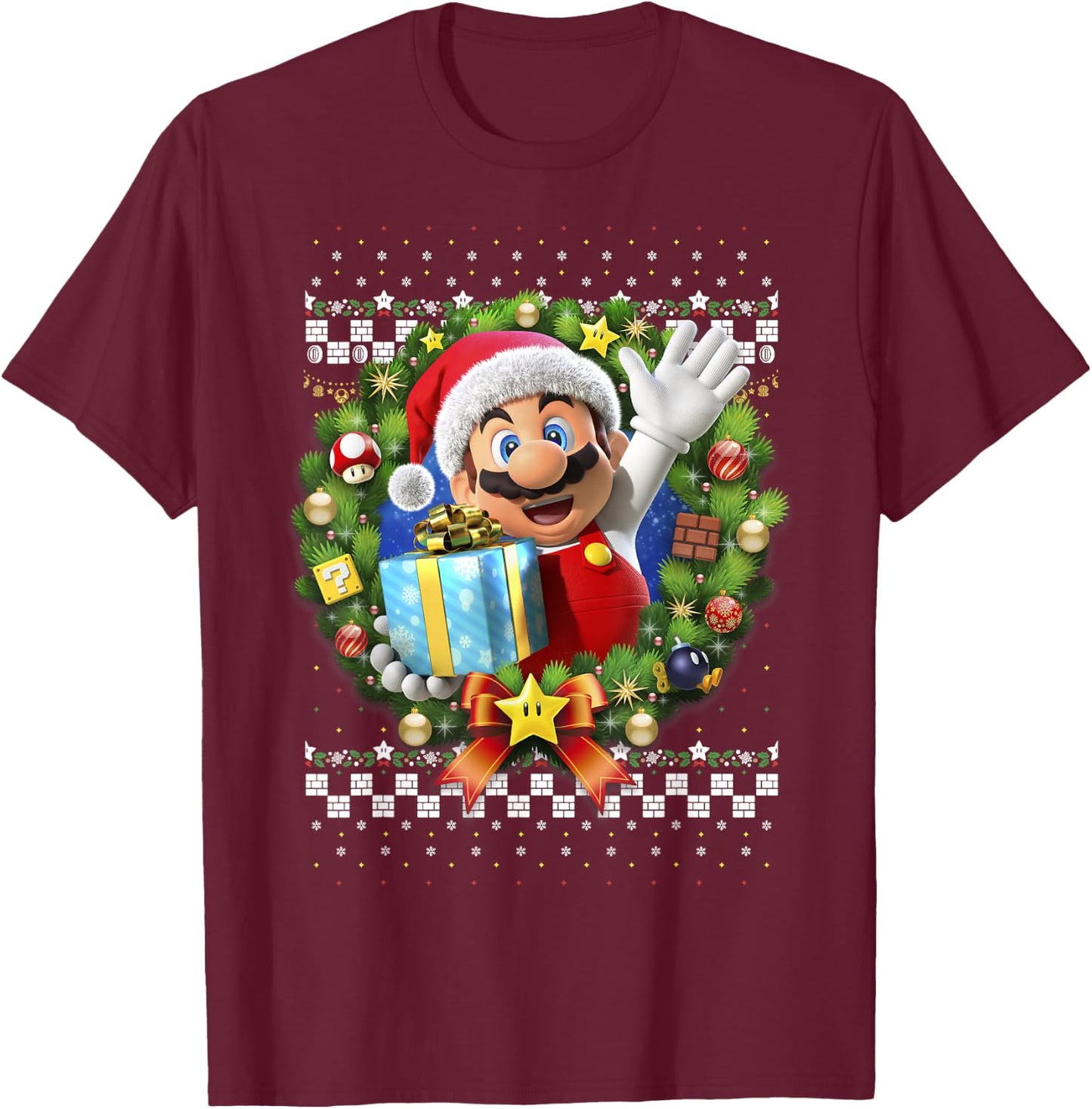 Super Mario 3D Christmas Wreath Present Graphic Short Sleeve T-Shirt - T-Shirt | Maroon