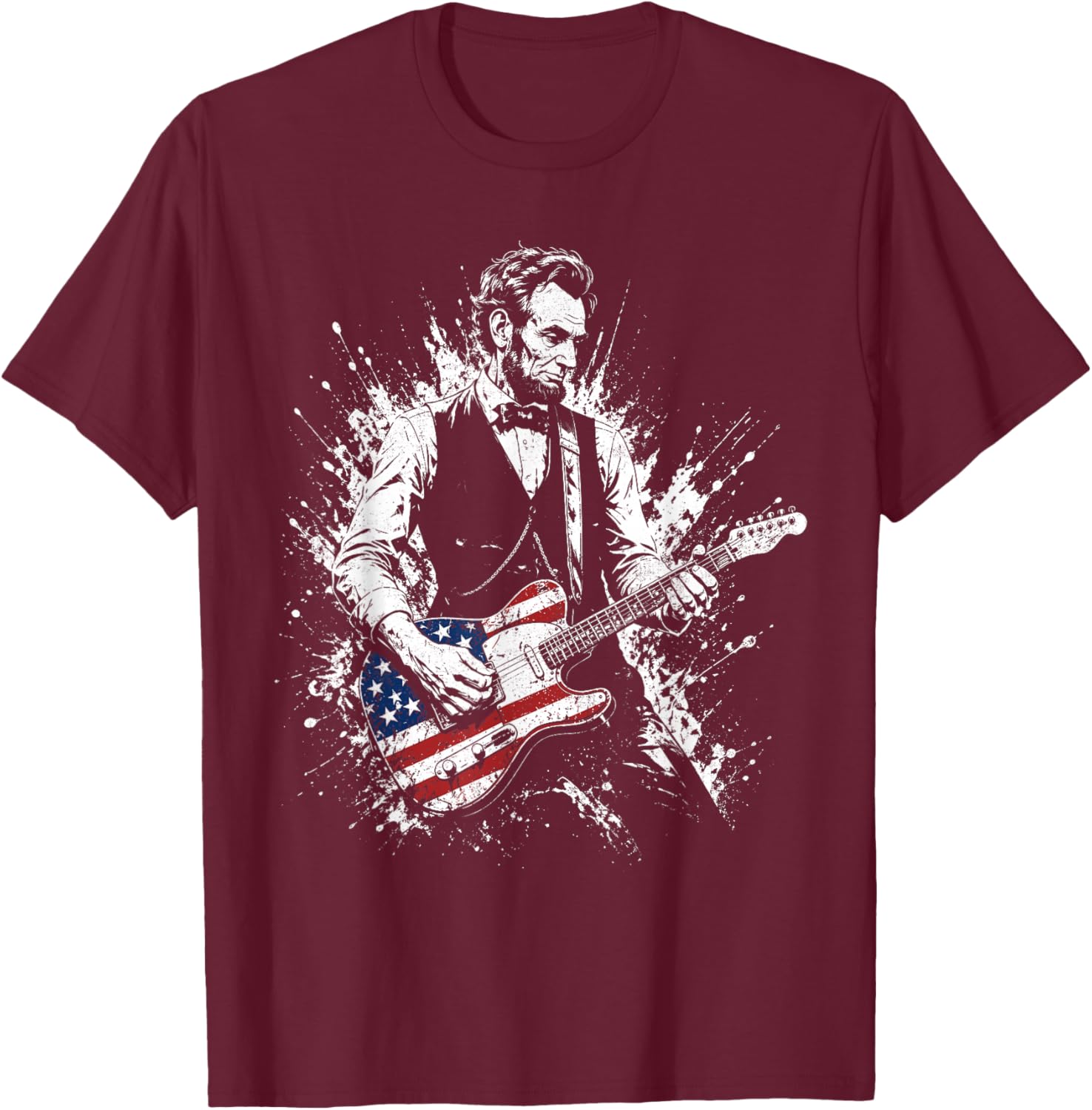 Abraham Lincoln Abe Lincoln Playing Guitar American Flag T-Shirt - T-Shirt | Maroon