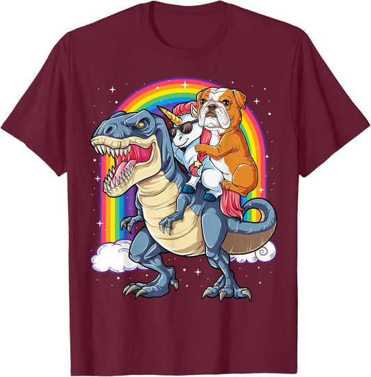 English Bulldog Unicorn Dinosaur T rex Girls Rainbow Gifts T-Shirt - T-Shirt | Maroon