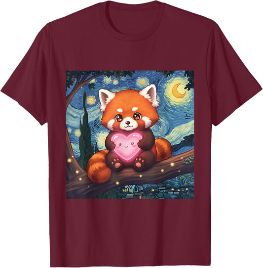 Cute Adorable Red Panda Holding Heart Van Gogh Inspired T-Shirt - T-Shirt | Maroon