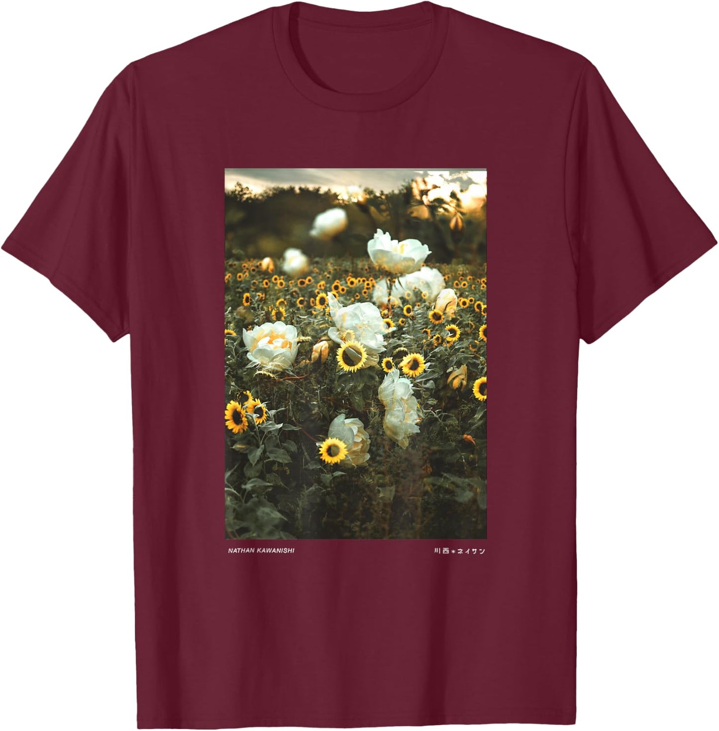 Nathan Kawanishi Aesthetic Modern Floral Sunflower - Women's Classic Fit Black Short Sleeve Small T-Shirt - T-Shirt | Maroon