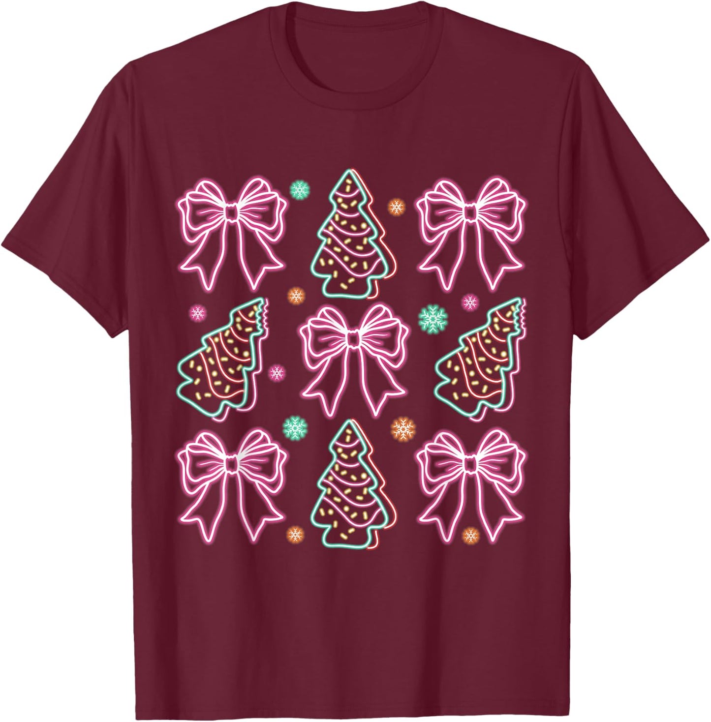 Neon Coquette Bow Santa Christmas Tree Cake Girly Xmas Women T-Shirt - T-Shirt | Maroon