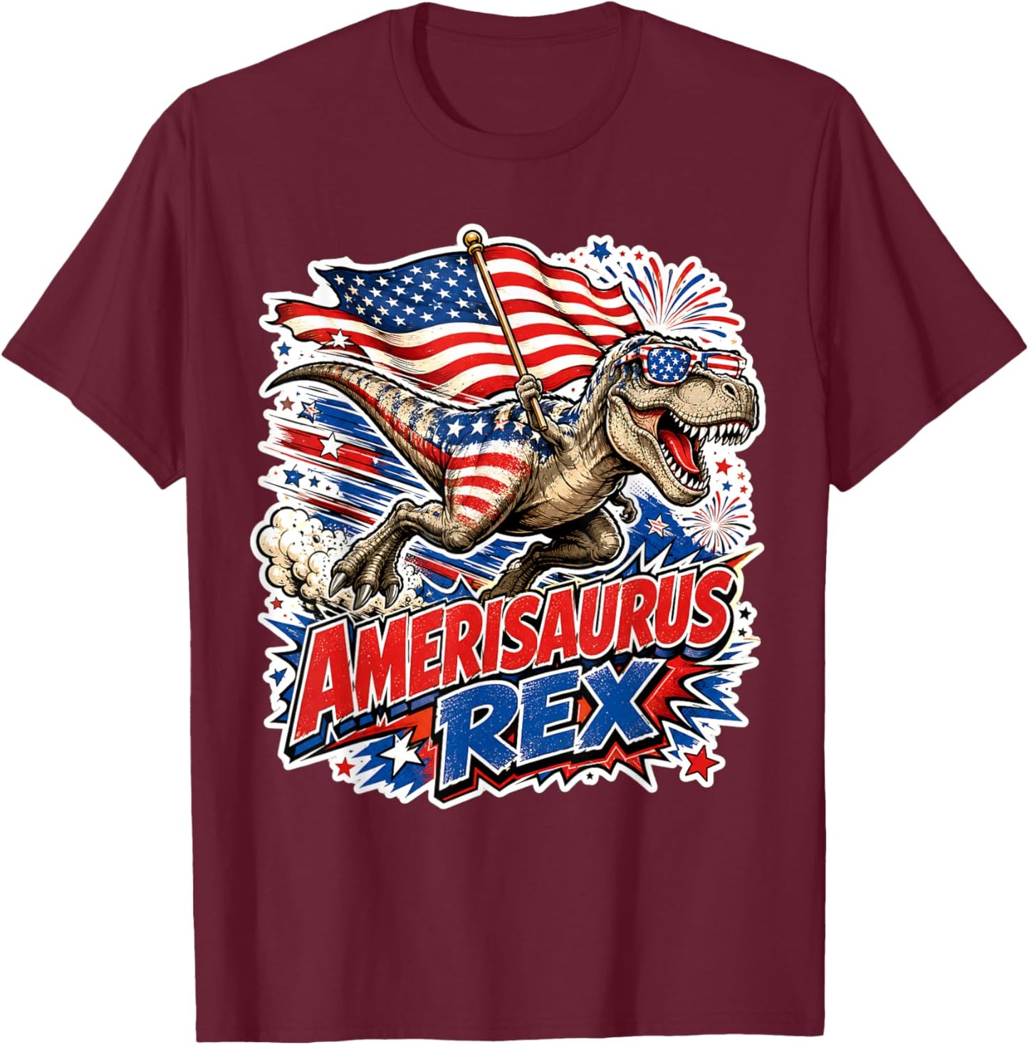 Dinosaur 4th of July T Rex Funny Amerisaurus Rex Boys Men T-Shirt - T-Shirt | Maroon