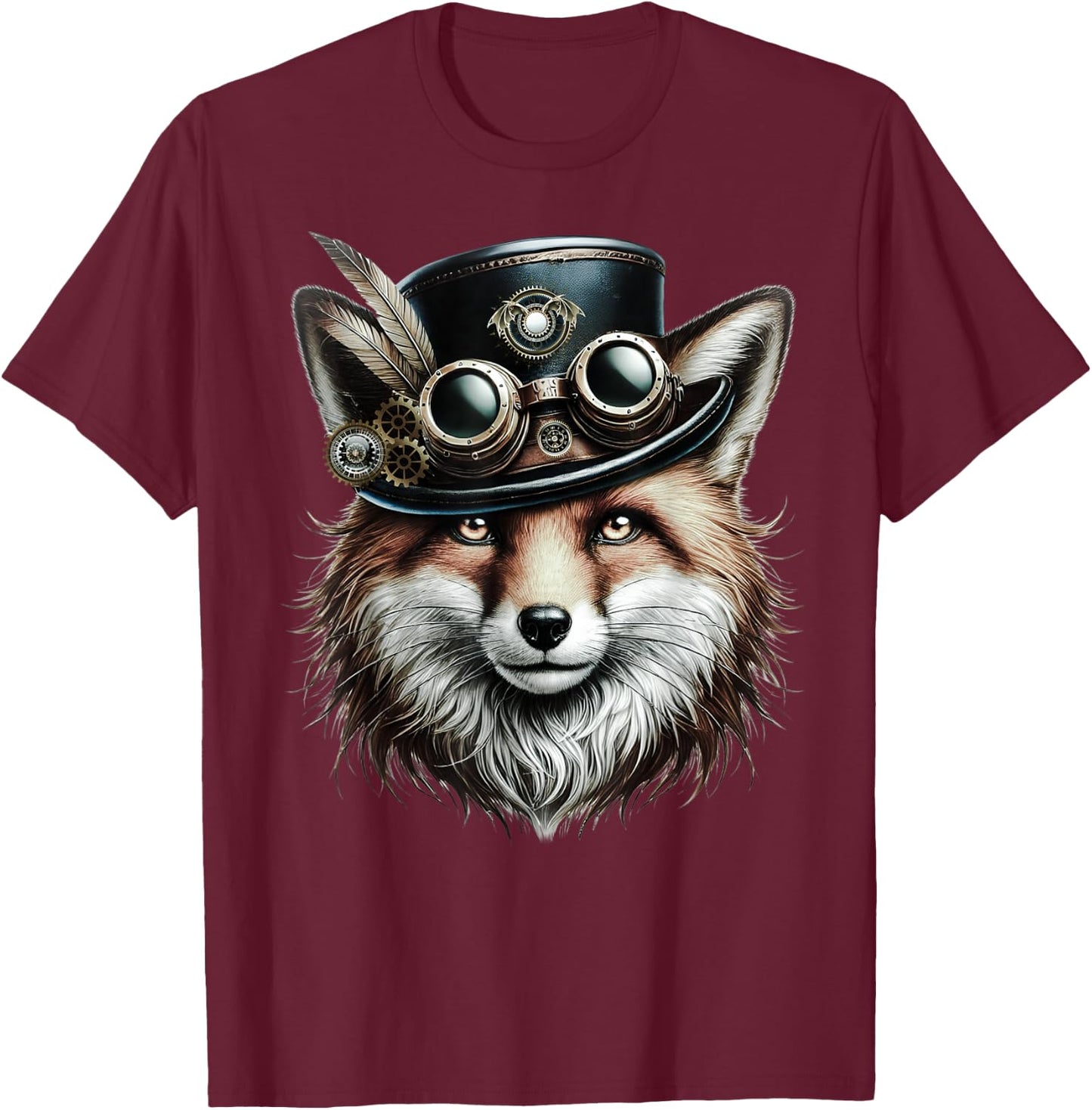Steampunk Fox Shirt with Goggles and Gear Artwork T-Shirt - T-Shirt | Maroon