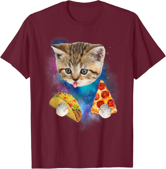 Funny Galaxy Cat Shirt | Space Cat Eat Pizza and Taco Shirt T-Shirt - T-Shirt | Maroon