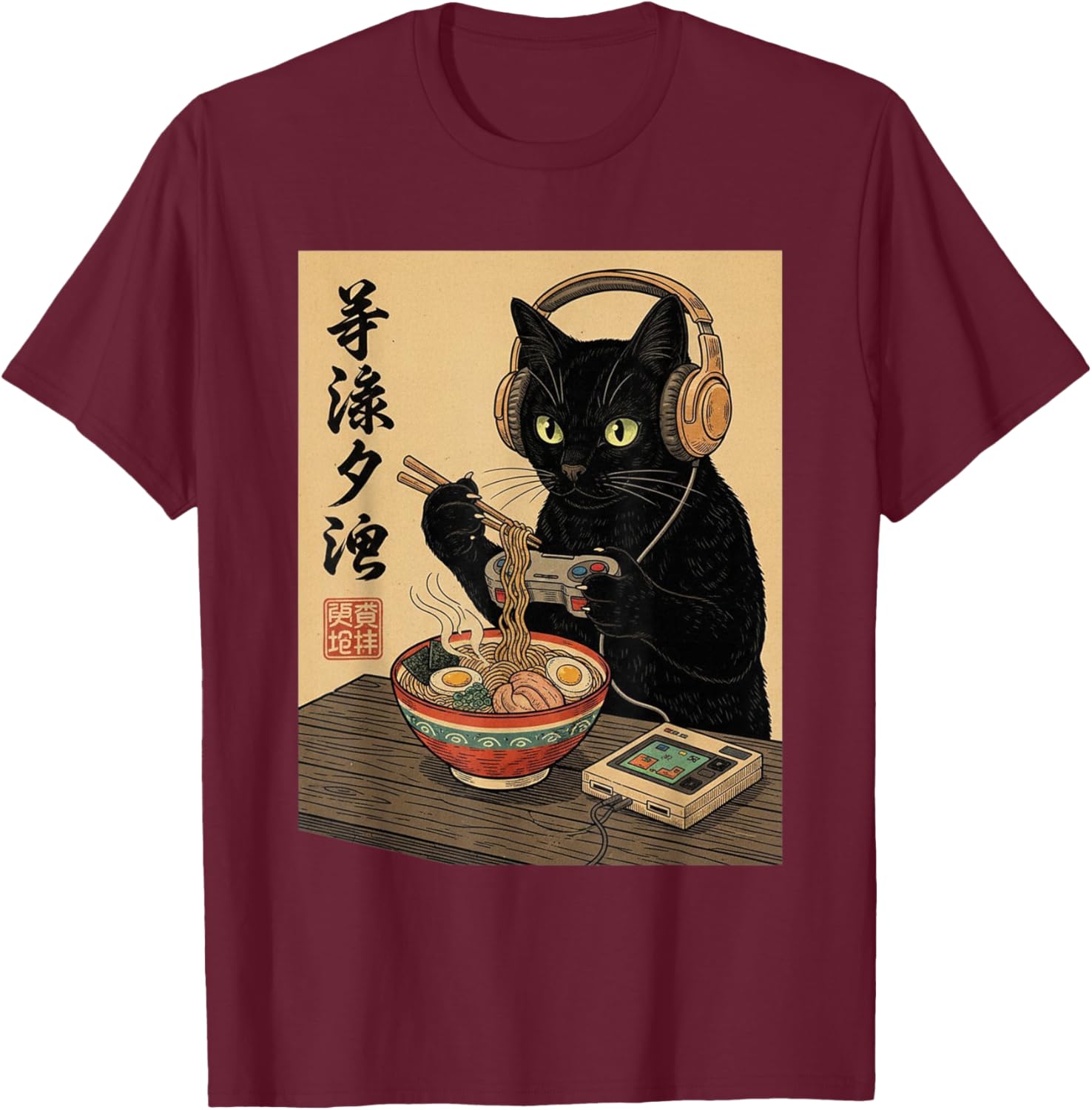 Cute Kawaii Gamer Cat Funny Ramen Retro Japanese Cat Gaming T-Shirt - T-Shirt | Maroon