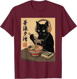 Cute Kawaii Gamer Cat Funny Ramen Retro Japanese Cat Gaming T-Shirt - T-Shirt | Maroon