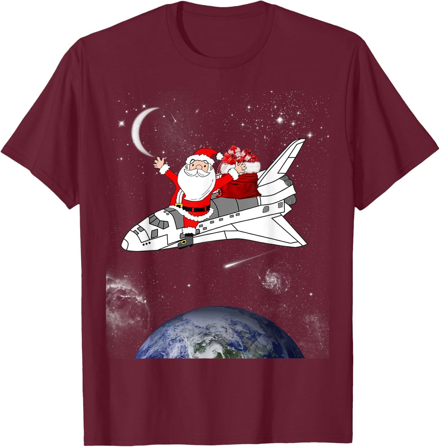 Santa In Space Spaceship Christmas Holiday Gift T-Shirt - T-Shirt | Maroon