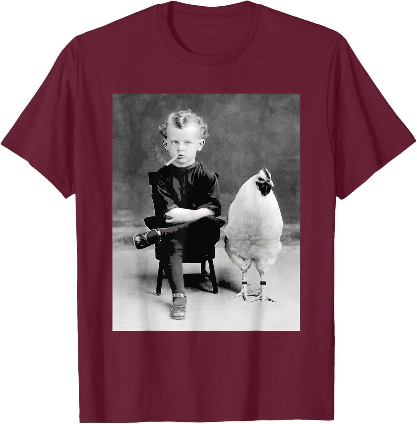 Little Boy With Chicken Rooster Smoking Vintage T-Shirt - T-Shirt | Maroon