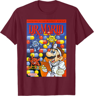 Super Mario Dr Mario Retro NES Game Cover Poster T-Shirt - T-Shirt | Maroon