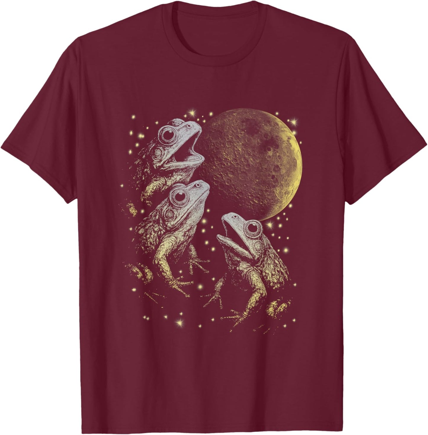 Frogs Howling to Moon, Vintage Style Three Frog At The Moon T-Shirt - T-Shirt | Maroon