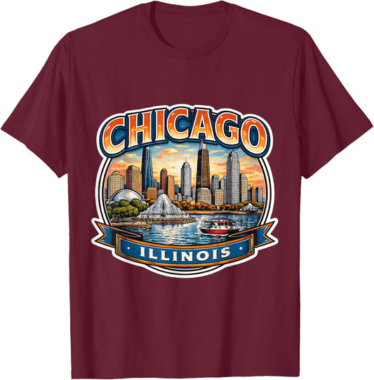 Chicago Illinois Souvenir City State Vintage Memorabilia T-Shirt - T-Shirt | Maroon