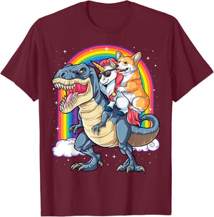 Corgi Unicorn Dinosaur T rex T shirt Kids Girls Rainbow Gift T-Shirt - T-Shirt | Maroon