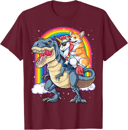 Corgi Unicorn Dinosaur T rex T shirt Kids Girls Rainbow Gift T-Shirt - T-Shirt | Maroon