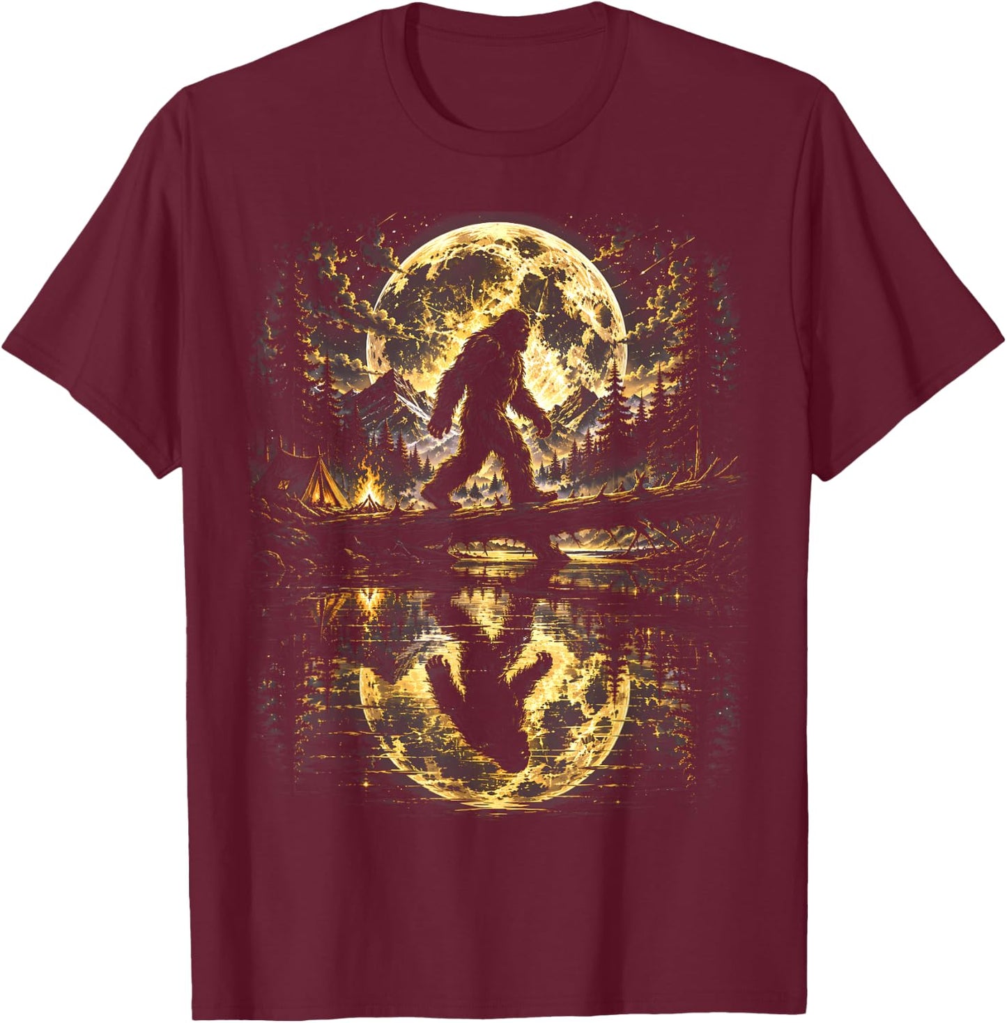 Bigfoot Moonlight Forest Reflection Adventure T-Shirt - T-Shirt | Maroon