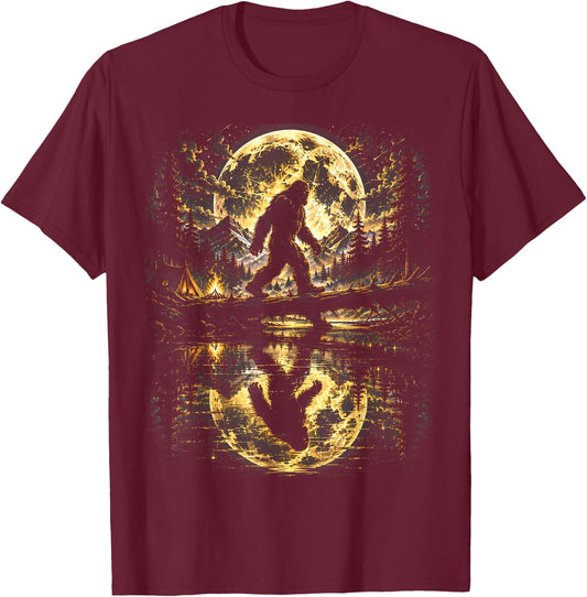 Bigfoot Moonlight Forest Reflection Adventure T-Shirt - T-Shirt | Maroon
