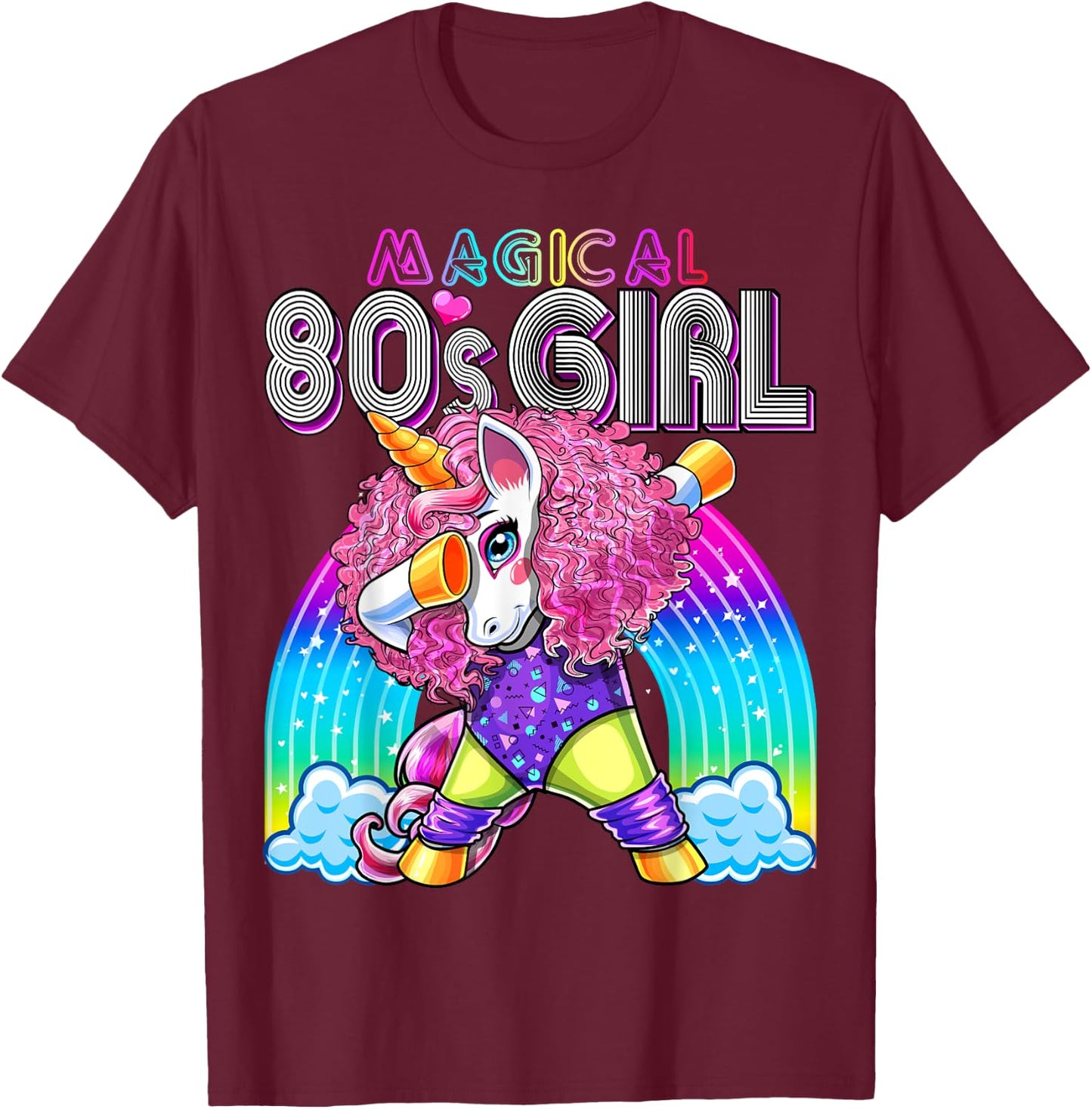 Magical 80's Girl Dabbing Unicorn Leotard Leg Warmers Party T-Shirt - T-Shirt | Maroon