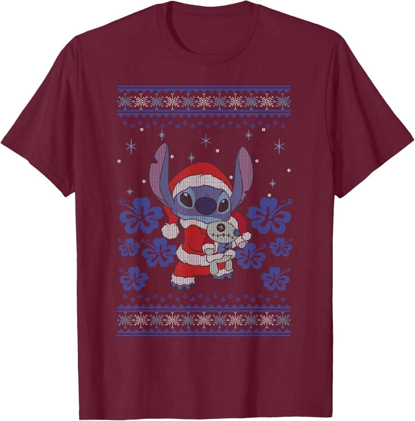 Disney Lilo & Stitch Christmas Stitch Sweater Style T-Shirt - T-Shirt | Maroon