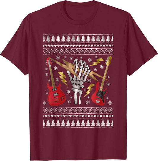 Guitar Ugly Christmas Sweater - Heavy Metal / Rock T-Shirt - T-Shirt | Maroon