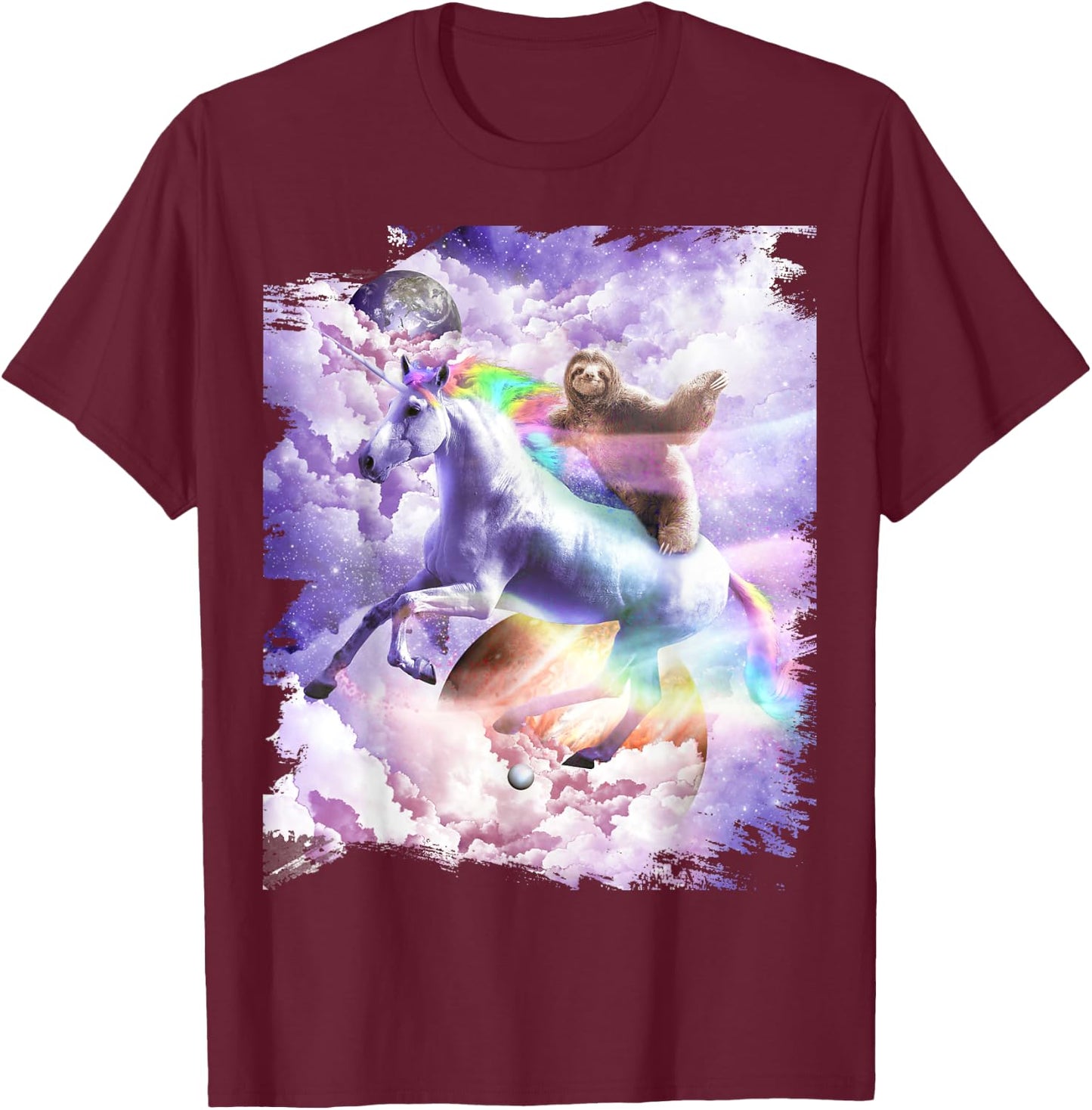 Space Sloth Riding On Unicorn T-Shirt - T-Shirt | Maroon