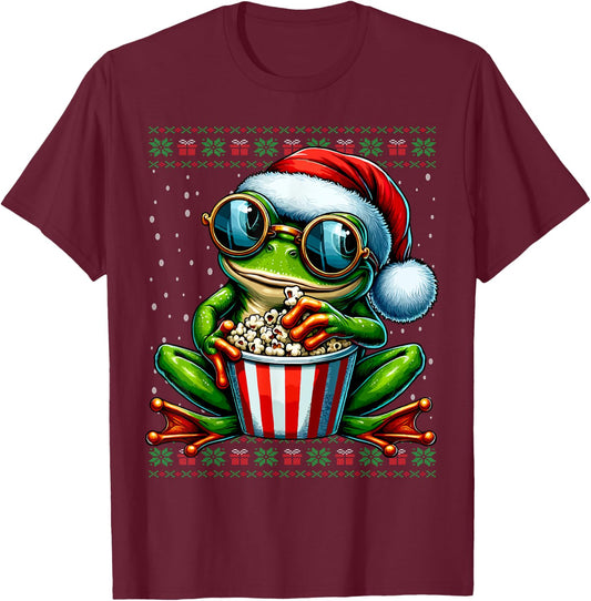Christmas Frog Eating Popcorn Ugly Christmas Sweater T-Shirt - T-Shirt | Maroon