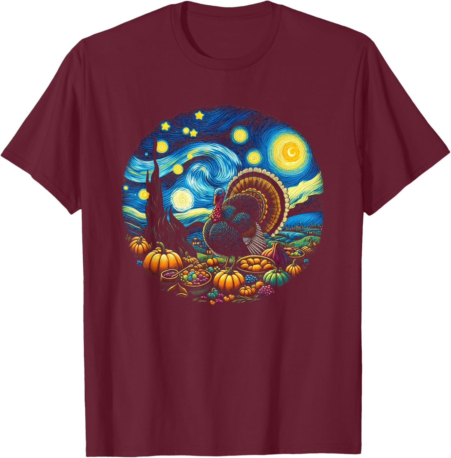Thanksgiving Turkey Van Gogh Starry Night Turkey Day Family T-Shirt - T-Shirt | Maroon