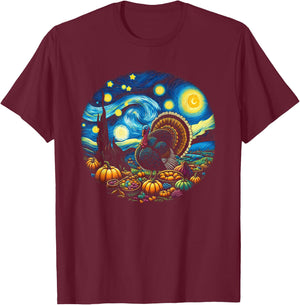 Thanksgiving Turkey Van Gogh Starry Night Turkey Day Family T-Shirt - T-Shirt | Maroon