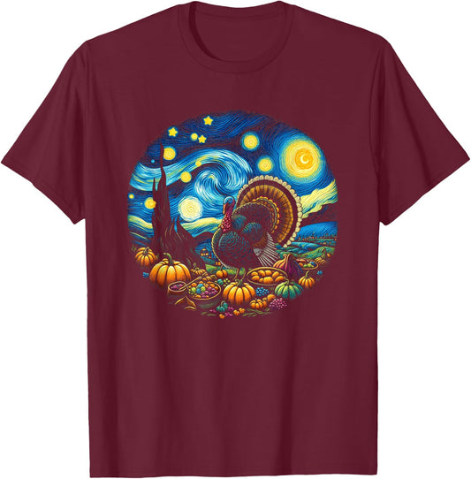 Thanksgiving Turkey Van Gogh Starry Night Turkey Day Family T-Shirt - T-Shirt | Maroon