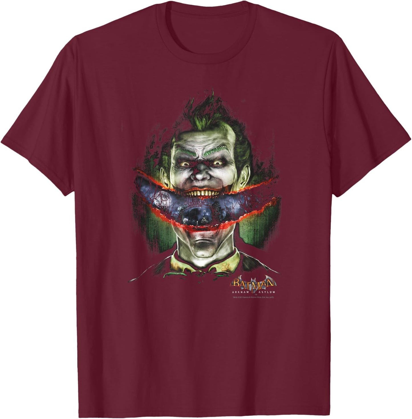 Batman: Arkham Asylum Joker Crazy Lips T Shirt T-Shirt - T-Shirt | Maroon
