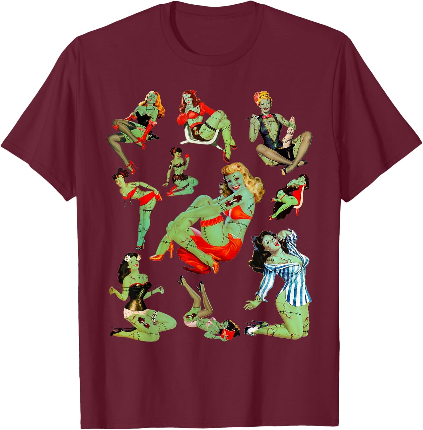 Zombie Pin Up Girl Halloween Sassy Cute Collage Apocalypse T-Shirt - T-Shirt | Maroon