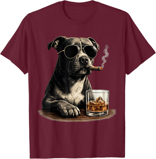 Funny Pitbull Meme Smoking Cigar Whisky Dog Dad Lovers T-Shirt - T-Shirt | Maroon
