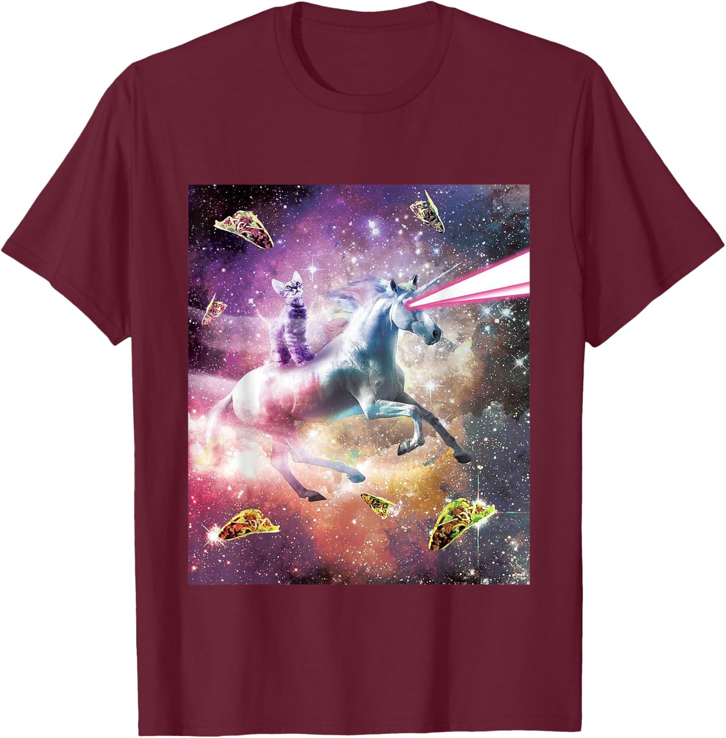 Funny Cute Universe Space Galaxy Cat Meme Unicorn Taco Gift Men Women Kids T-Shirt - T-Shirt | Maroon