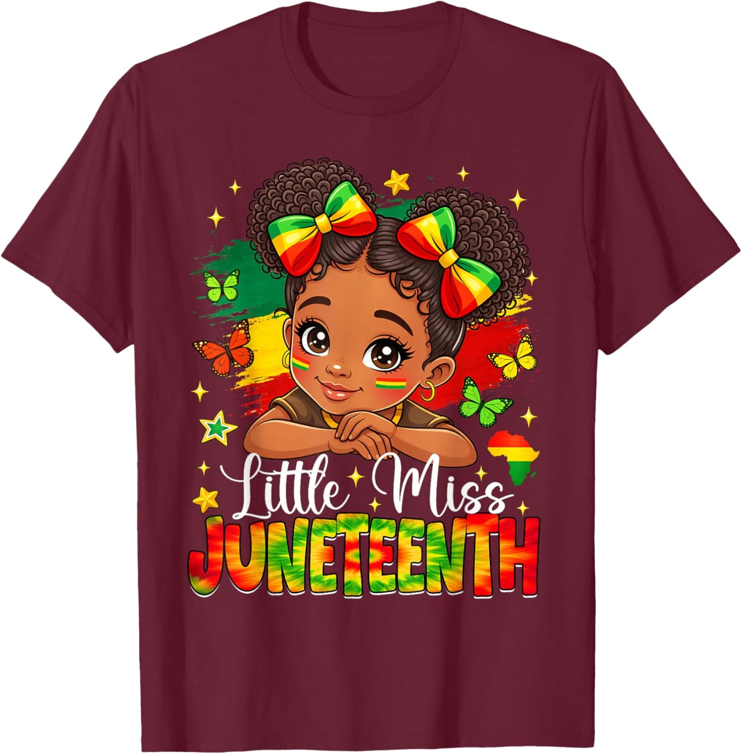 Little Miss Juneteenth African American Girl Messy Bun Kids T-Shirt - T-Shirt | Maroon