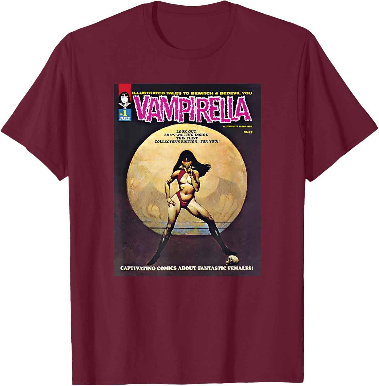 Vampirella "1969/ #1" Featuring Frank Frazetta Cover Art T-Shirt - T-Shirt | Maroon