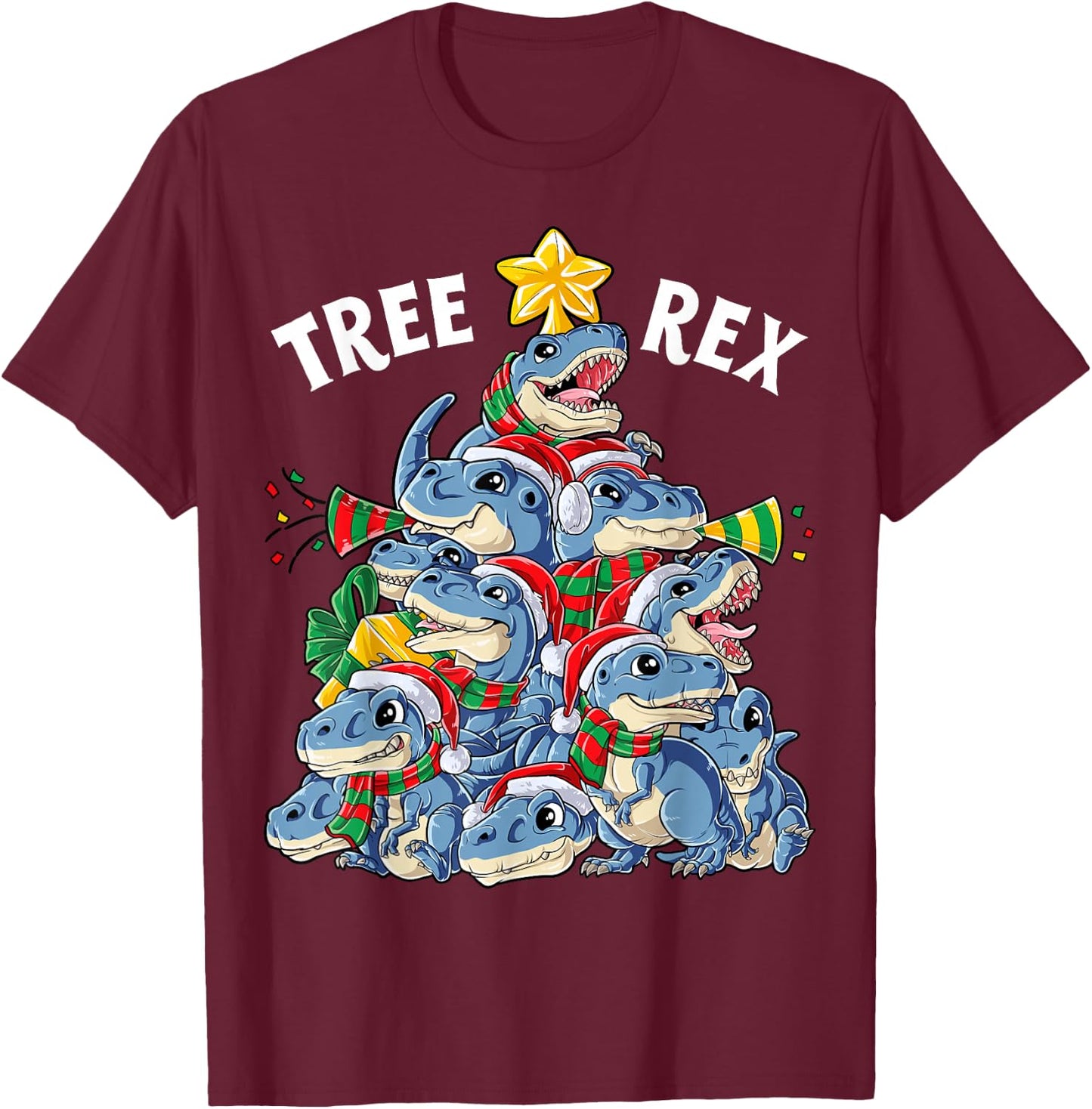 Christmas Dinosaur Tree Rex Pyjamas Men Boys Xmas Santa Hat T-Shirt - T-Shirt | Maroon
