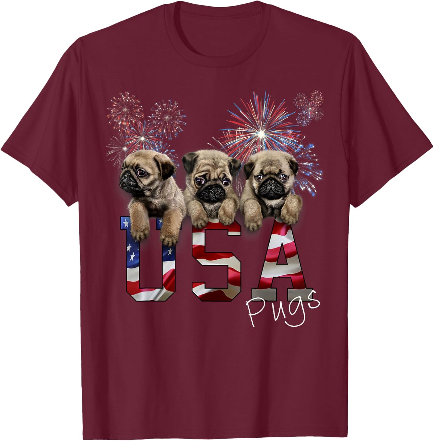 USA Patriot Pug Puppy Dog with Fireworks Women Kids Men T-Shirt - T-Shirt | Maroon