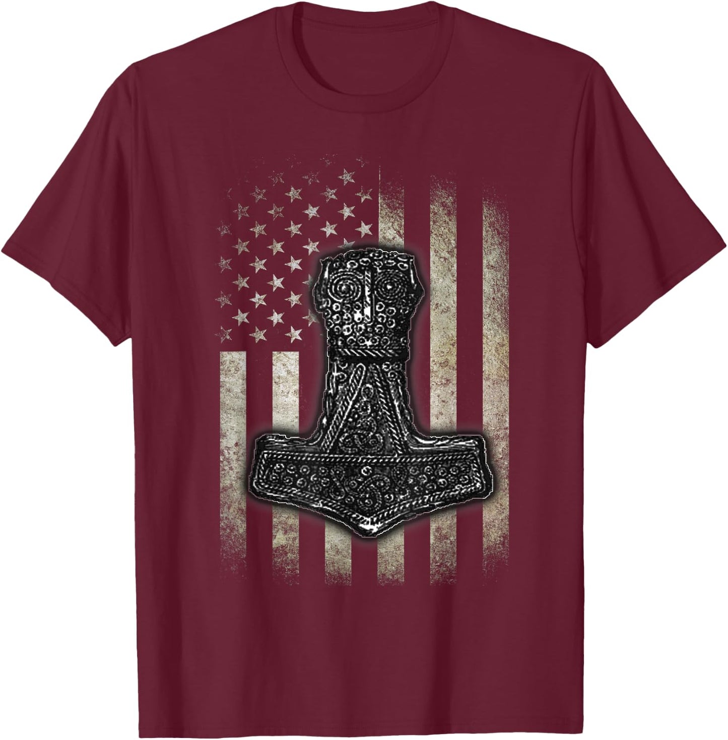 Mjolnir Hammer - American Viking Flag T-Shirt - T-Shirt | Maroon