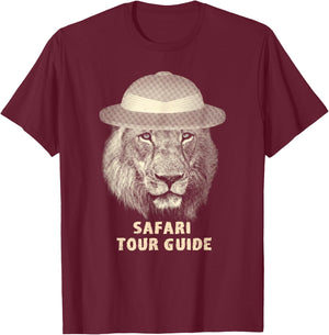 Funny Lion in Pith Helmet Safari Tour Guide T-Shirt - T-Shirt | Maroon