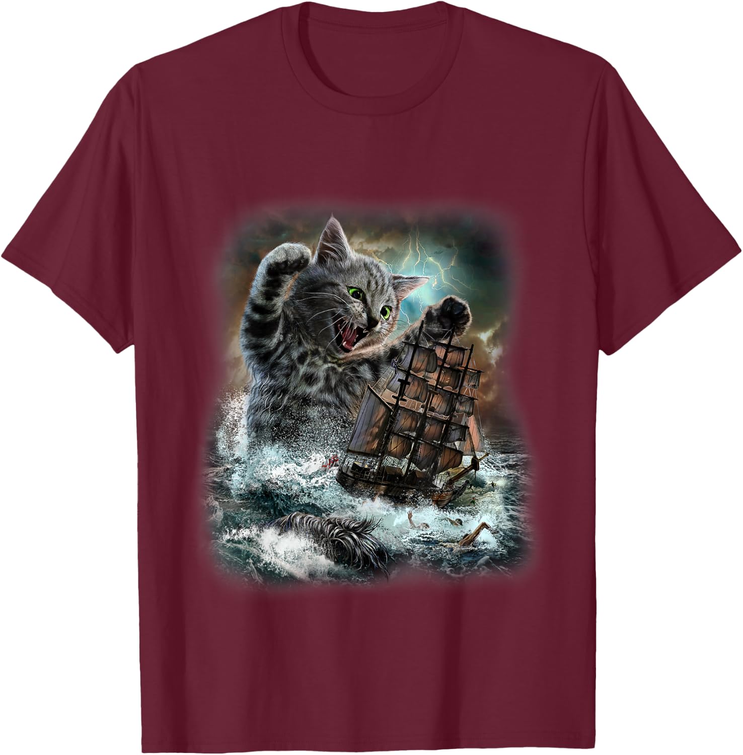 Giant Cat as Kraken Sea Monster Ambush a War Ship in Ocean T-Shirt - T-Shirt | Maroon