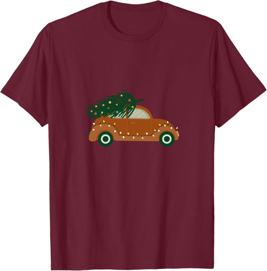 Vintage Car and Christmas Tree Lights T-Shirt - T-Shirt | Maroon