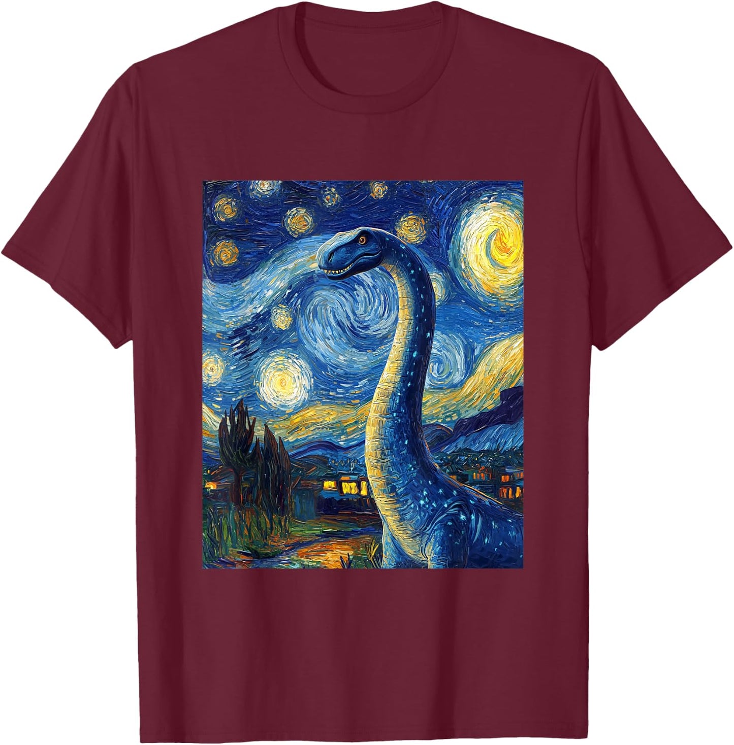 Brachiosaurus Dinosaur Dino - Van Gogh Style - Starry Night T-Shirt - T-Shirt | Maroon