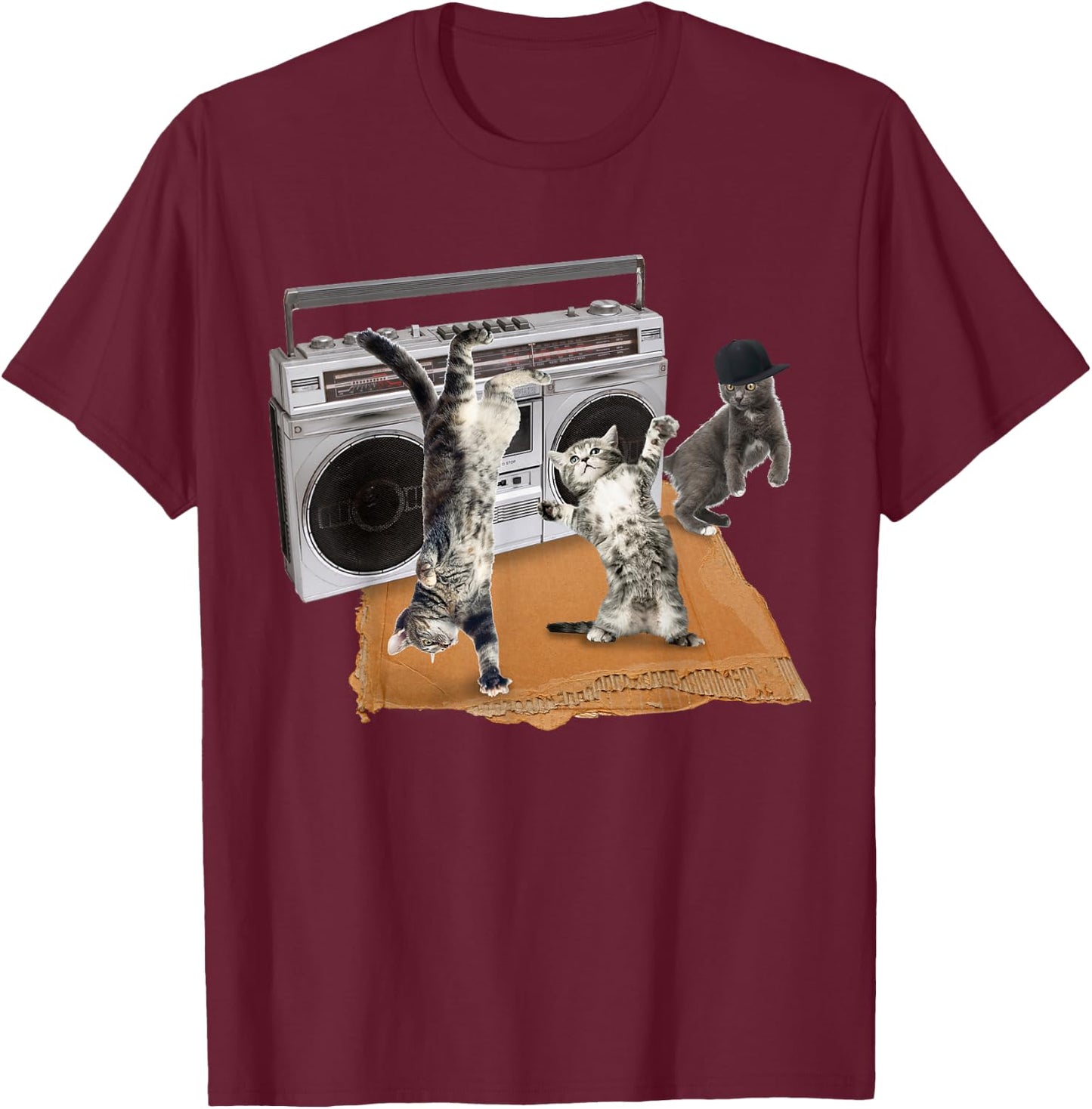 Breakdancing Kitties Cardboard & Boombox Cat Men Women Girls Kids T-Shirt - T-Shirt | Maroon